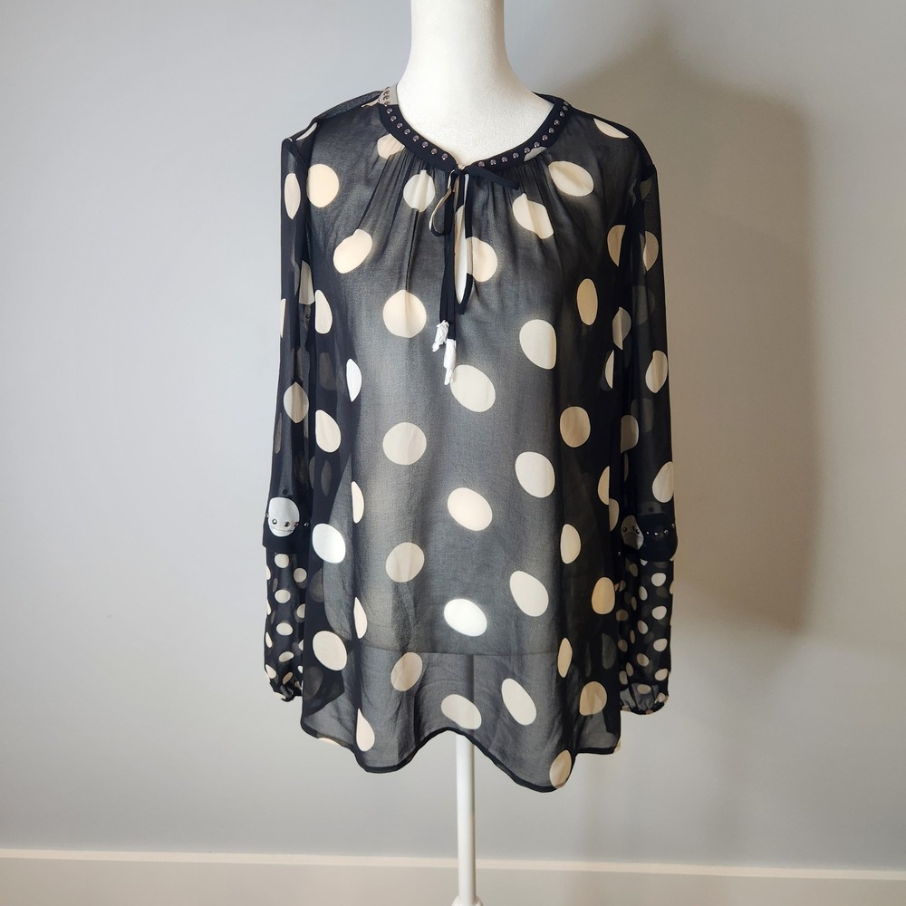 Chico's Polka Dot Womens 2 US 12 Black Cream Excellent Studded Chiffon Top - Picture 1 of 8
